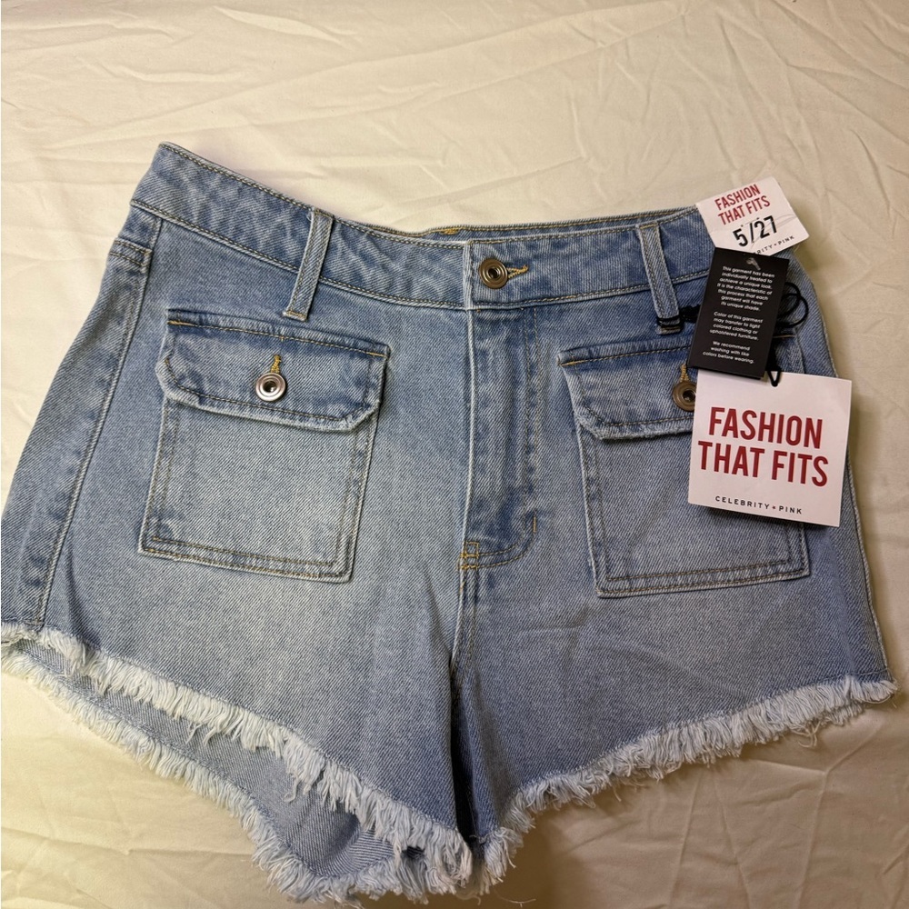 Celebrity Pink Blue High-Waisted Jean Shorts‎ Frayed